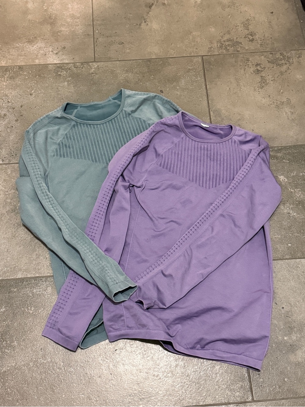 Fabletics Seamless Ribbed Detail Long Sleeve Tops - Lavender & Teal